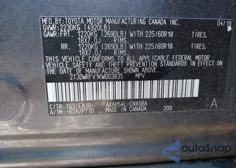 2019 Toyota Rav4 Hybrid Limited z USA, uszkodzony, nr VIN 2T3DWRFV1KW003835